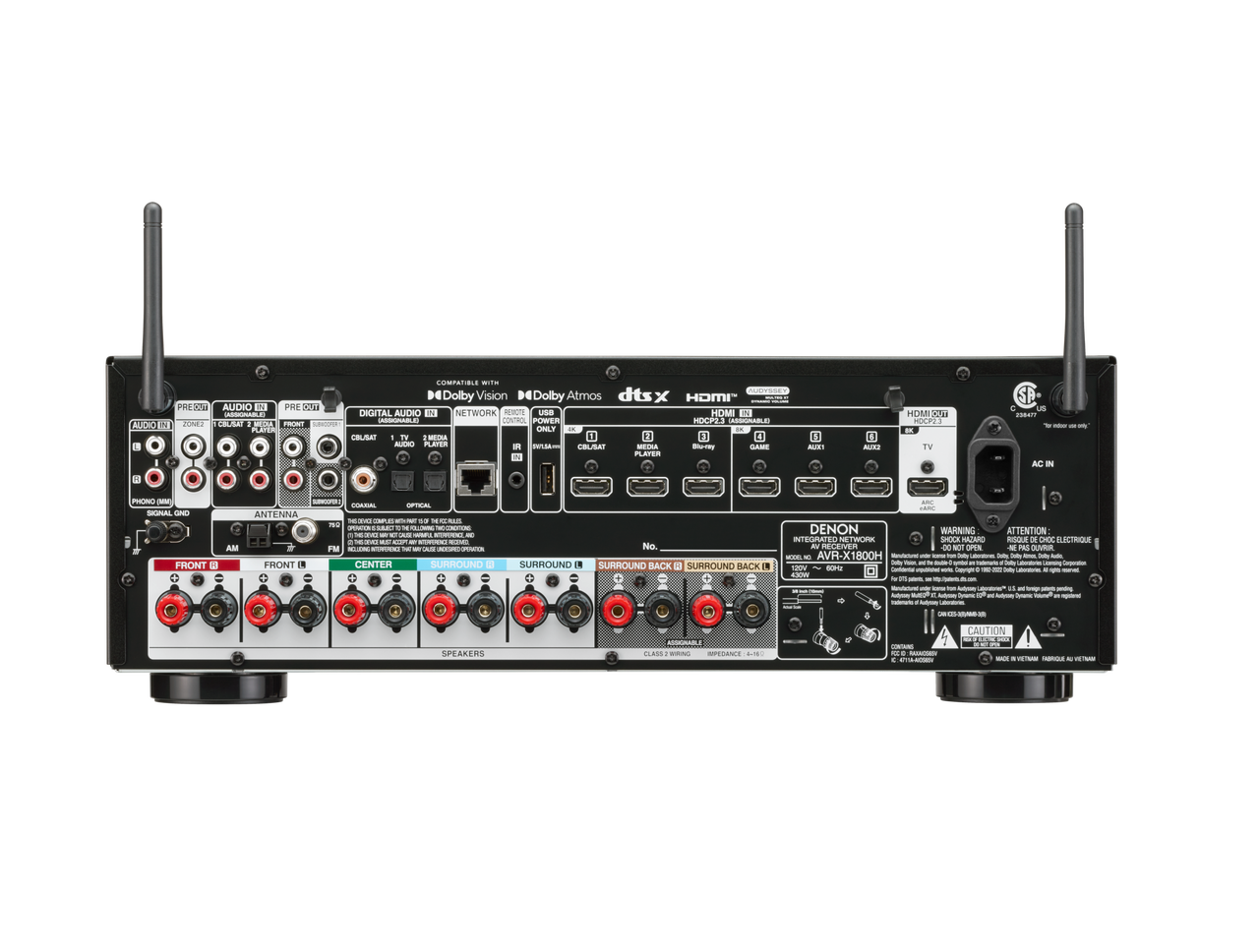 Denon AVR-X1800H 7.2 Channel 8K AV Receiver with Dolby Atmos 2 ORwins Luxury Home Theater Installation in Jodhpur & Jaipur Denon AVR-X1800H rear panel showing 8K HDMI and speaker terminal layout