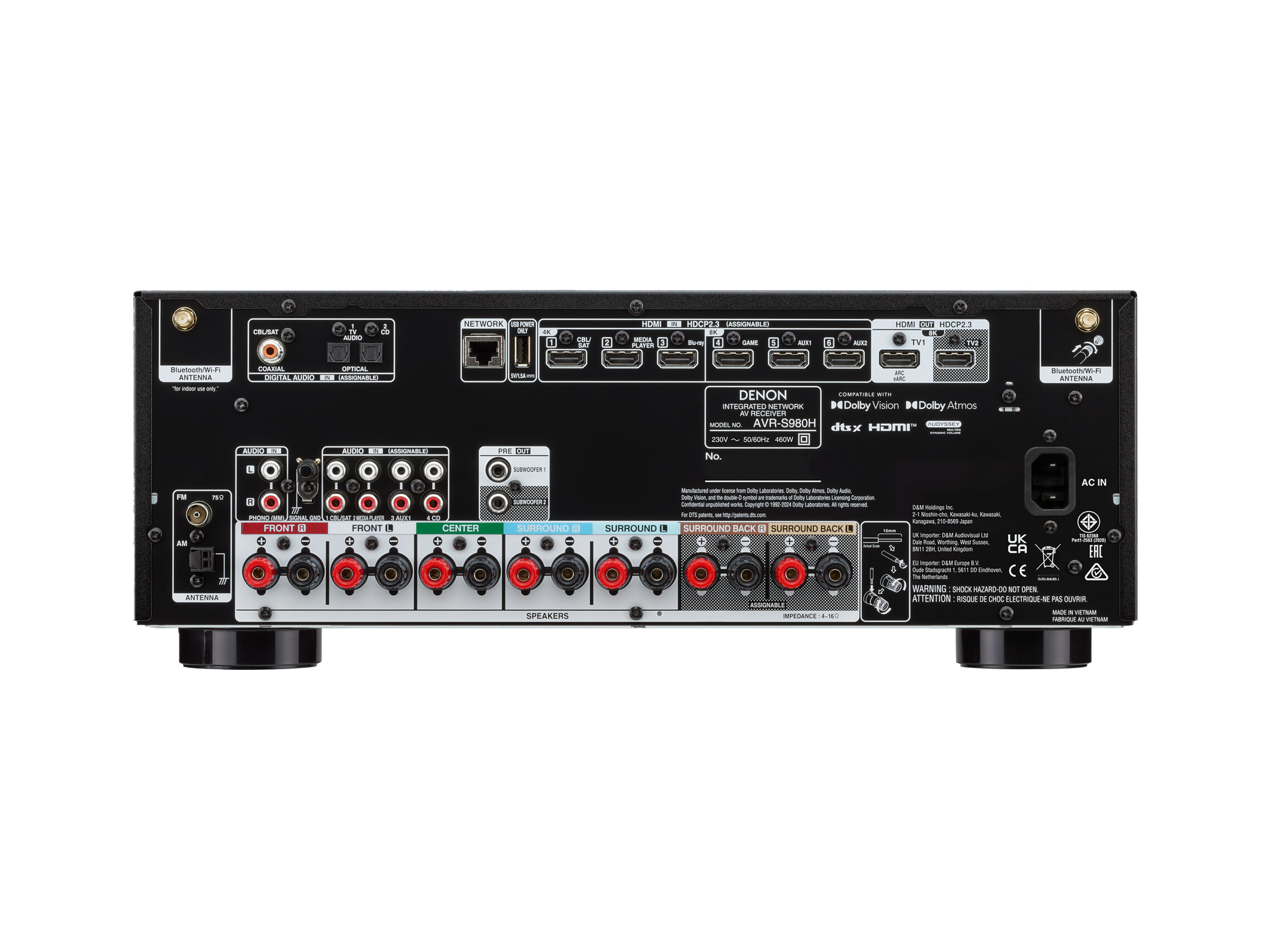 Denon AVR-S980H 7.2 Channel 8K AV Receiver with Dolby Atmos 2 ORwins Luxury Home Theater Installation in Jodhpur & Jaipur Denon AVR-S980H rear connections showing dual HDMI outputs and 8K inputs