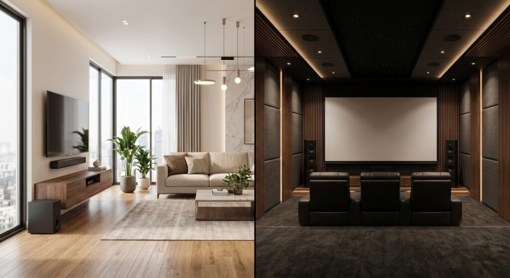 Split screen visualization comparing an entry-level bright Indian apartment living room with an 85-inch TV and soundbar (left) versus a premium dark dedicated basement home theater with a projector and acoustic treatment (right).