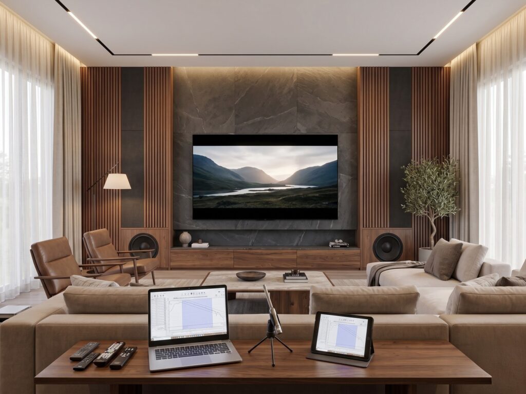 Blogs 2 ORwins Luxury Home Theater Installation in Jodhpur & Jaipur Ultra-realistic close up of a UMIK-1 measurement microphone on a premium tripod performing home theater audio calibration, positioned in front of luxury leather recliners, large tower speakers, and a projector screen.