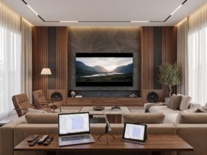 Ultra-realistic close up of a UMIK-1 measurement microphone on a premium tripod performing home theater audio calibration, positioned in front of luxury leather recliners, large tower speakers, and a projector screen.