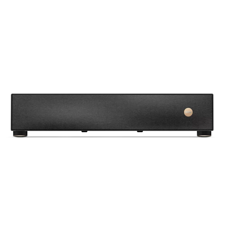 BenQ V5010i ultra short throw 4K RGB laser projector front view on home theater console.